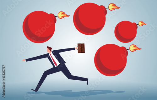 Crisis Awareness, Crisis Coming, Risk of Crash, Stock Market, Business Finance or Economic Depression and Crisis, Burning Bombs Falling from the Sky on Fleeing Businessmen