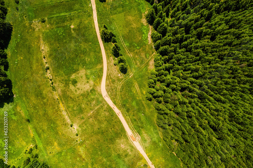 Beautiful natural green forest field with view from air, aerial photo