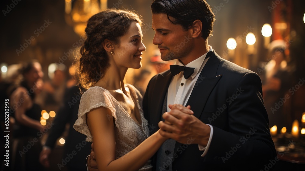 Classic. Romance. Love. Ballroom dance floor with couples dancing. Female in flapper dress and male in tuxedo. Generative AI - obrazy, fototapety, plakaty 