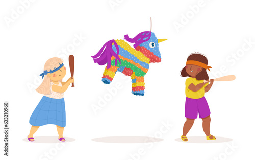 Cute little girls playing with a pinata. Multiculturalism and diversity. Vector illustration. Summer activities. Kids have fun outside. Funny character. Isolated on a white background
