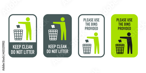 Do not litter signs set, keep clean signage, please use the bin, rubbish can sign, trash can