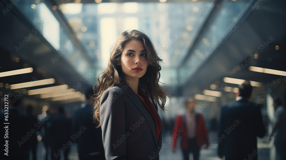 Fototapeta premium Business portrait, confident young caucasian woman in a suit standing in corridor and looking away, bokeh hurrying people in background