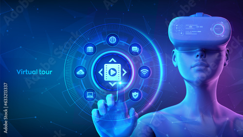 Virtual reality tour. Virtual tour, 3d reality tours, virtual reality walk concept. 360 degrees video. Girl wearing VR headset glasses touching digital interface. Vector illustration.