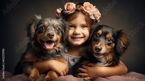 Adorable dog puppies and one small funny and happy girl child 3 years old. Generative AI