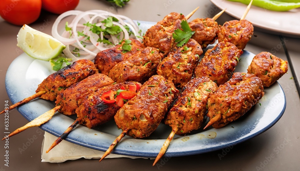 Tandoori chicken skewers, lemon slices, mint leaves on a white plate on a wooden background Tandoori chicken skewers, lemon slices, mint leaves on a white plate on a wooden background