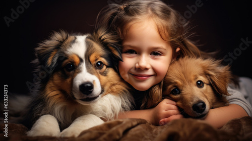 Adorable dog puppies and one small funny and happy girl child 3 years old. Generative AI © piai