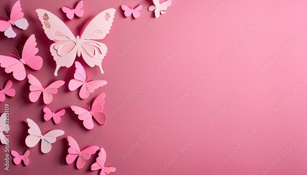 Festive pink background with paper butterflies Festive pink background with paper butterflies