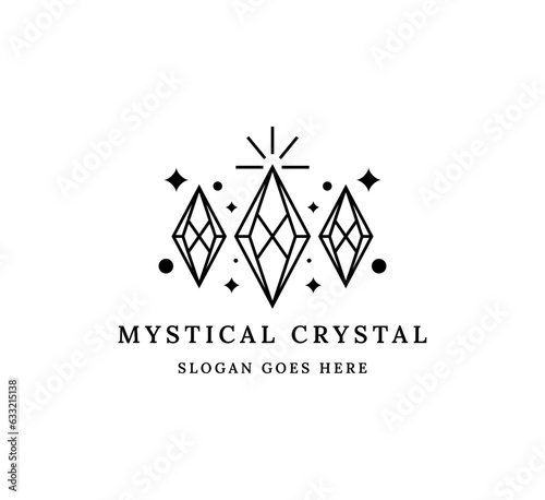 Mystical moon crystal, line art vector logo.