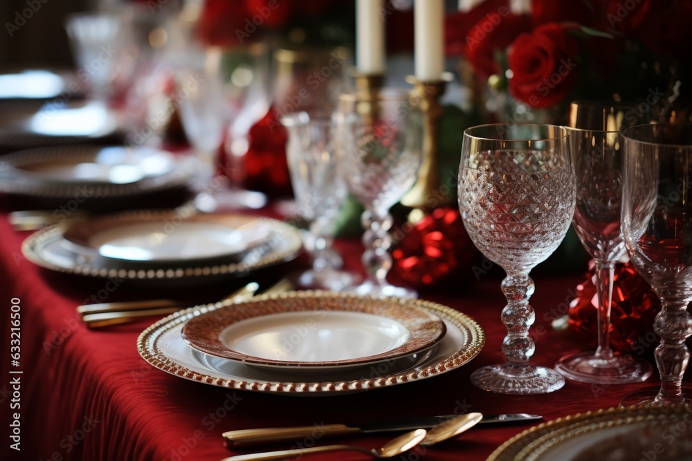 Photo of a beautifully set formal Christmas dinner table adorned with red roses created with Generative AI technology
