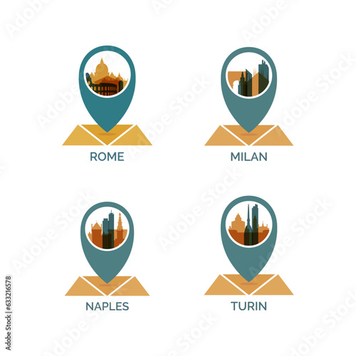 Italy cities icons set, modern skyline cityscape logo set, pack. Collection of icons for Rome, Naples, Turin, Milan landmark