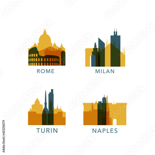 Italy cities icons set, modern skyline cityscape logo set, pack. Collection of icons for Rome, Naples, Turin, Milan landmark