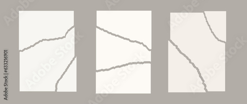 Set of torn in parts paper pages. Collection of disrupted jagged paper sheet. Ripped shapes pack for poster, banner, collage, note, text box, sticker. Vector illustration bundle