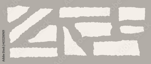 Set of torn paper pieces. Beige shapes with jagged edges. Ripped different fragments collection. Textured grunge element bundle for collage, text box, banner, sticker, poster. Vector illustration