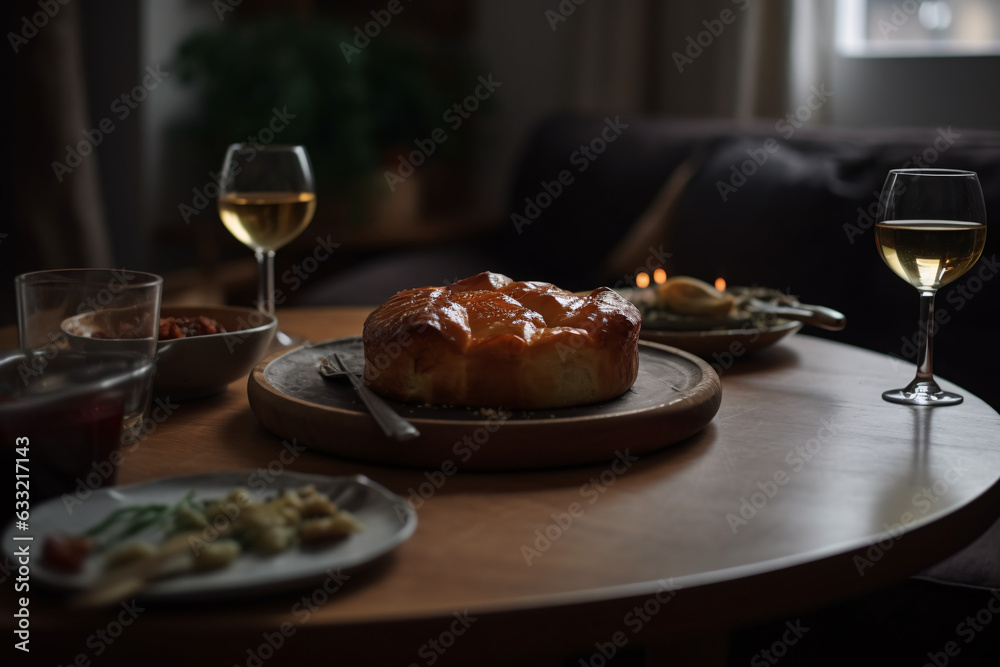 Delicious baked meal on a restaurant table with wine glass Delicious baked meal on a restaurant table with wine glass