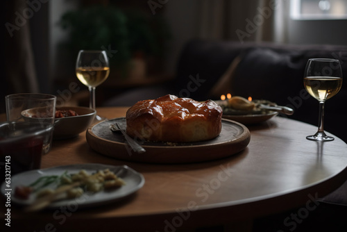 Delicious baked meal on a restaurant table with wine glass