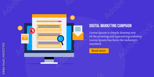 e-business growth strategy digital marketing concept, search engine optimization, social media promotion and email campaign computer technology vector illustration web banner.