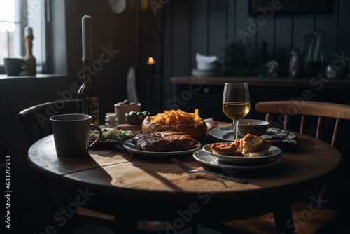 Delicious baked meal on a restaurant table with wine glass