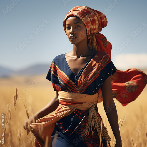 Black woman, 40 years old, square face, model wearing typical african costume with turban, walking in field photo