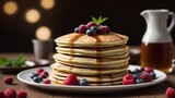 Stack of tasty pancakes with cranberry and maple syrup.