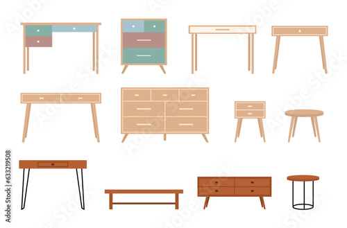 Set of tables, dressers, coffee tables furniture in cartoon flat style. Isolated interior elements on a white background