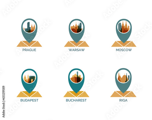 Eastern Europe Slavic cities icons set, modern skyline cityscape vector logo set, pack. Collection of icons for  landmarks of Bucharest, Budapest, Riga, Warsaw, Prague, Moscow map pointer