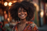 photograph of Beautiful african american girl with an afro hairstyle smiling,generative ai