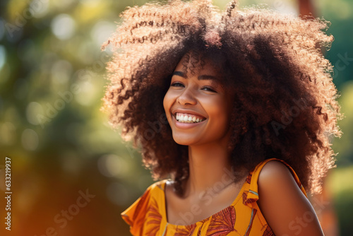 photograph of Beautiful african american girl with an afro hairstyle smiling,generative ai © LomaPari2021