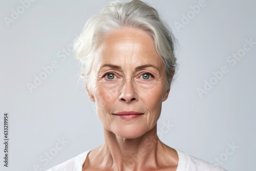 photograph of Beautiful gorgeous 50s mid aged mature woman looking at camera isolated on white. Mature old lady close up portrait.Generative ai