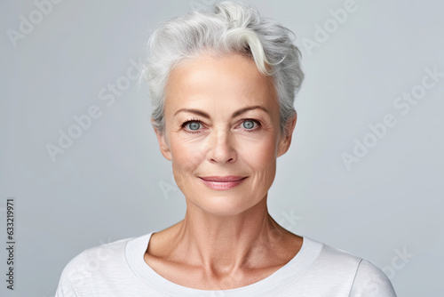 photograph of Beautiful gorgeous 50s mid aged mature woman looking at camera isolated on white. Mature old lady close up portrait.generative ai