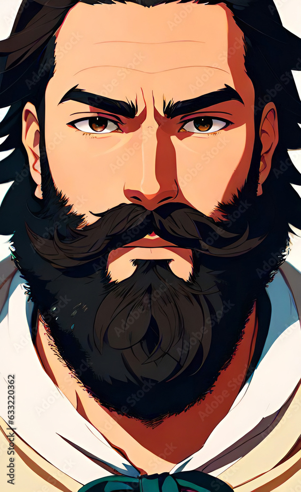 anime male man with black beard, manga anime character, japanese cartoon. Man with beard in