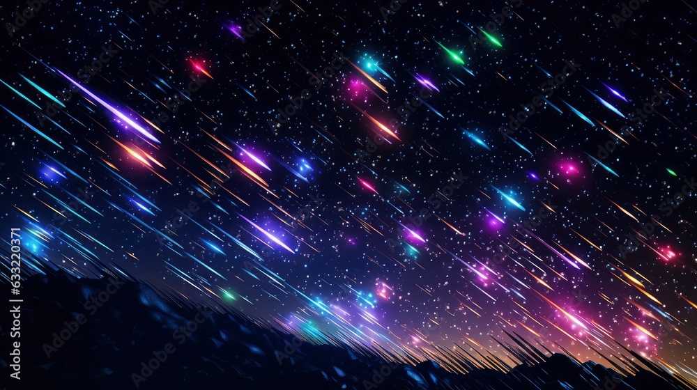 Obraz premium Many colored rgb neon shooting stars in the night sky, 8k, qhd,
