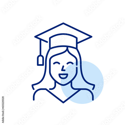 University graduation. Smiling young woman wearing mortar and gown. Pixel perfect, editable stroke icon