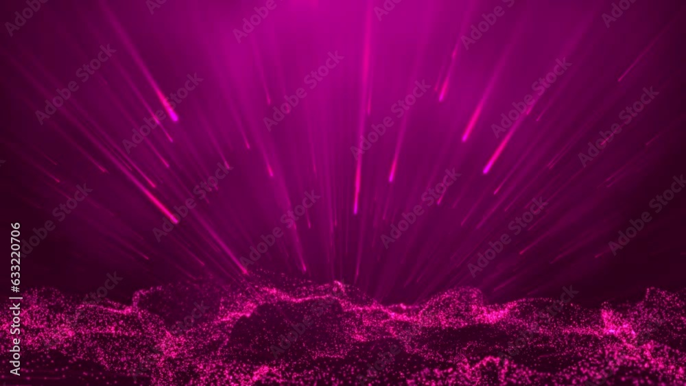 3D abstract digital technology animated pink light particles on pink background.
