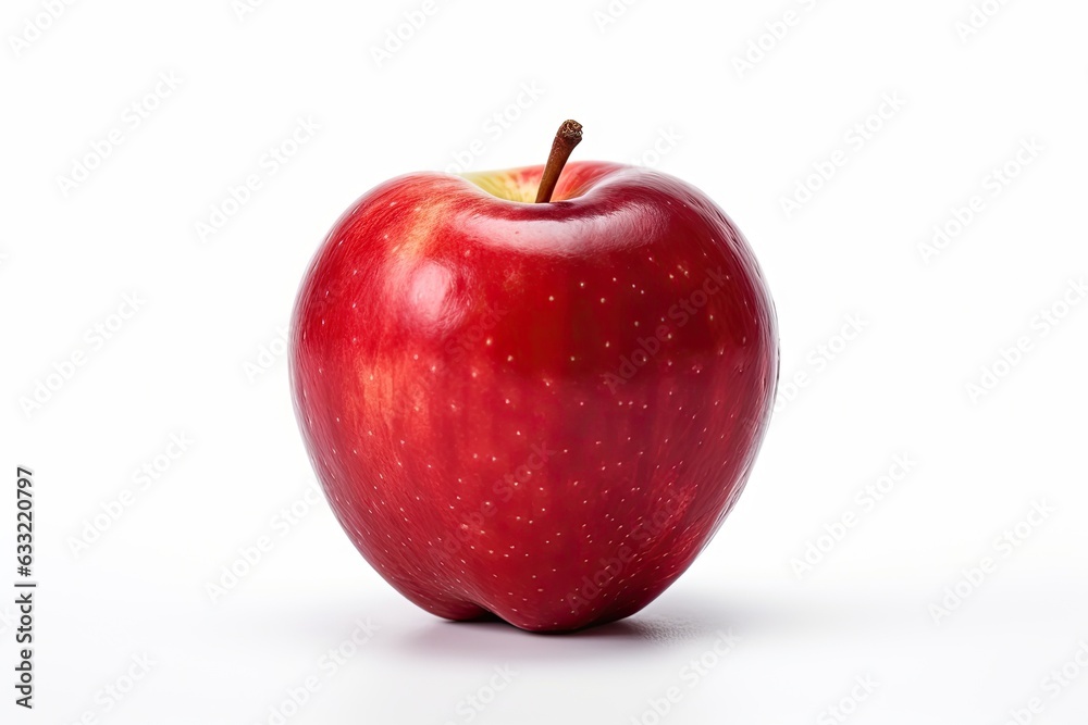 Close up view exploring freshness of vibrant red apple isolated on clean white background Close up view exploring freshness of vibrant red apple isolated on clean white background