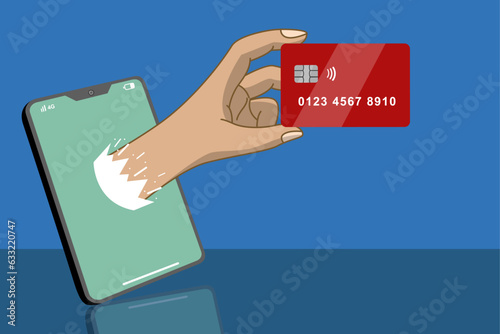 Vector de compras en línea, vector de mano con tarjeta de crédito, ilustración de compras, representación de comunicación 