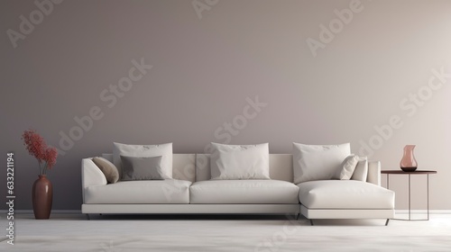 Clean minimalist sofa, with a background on the wall with volumetric randon rgb design, 8k, qhd, sofa interior design, with 3 pictures Mockup, © Joel Valdez
