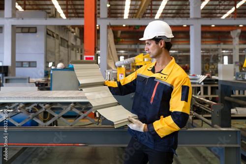 Industrious manufacturing employee expertly handling a large sheet of metal within a bustling, high-tech factory setting.