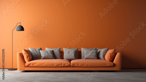 Clean minimalist sofa, with a background on the wall with volumetric randon rgb design, 8k, qhd, sofa interior design, with 3 pictures Mockup,