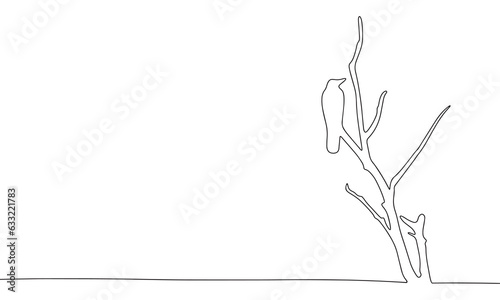 Crow, bird on branch one line continuous vector illustraiton. Line art concept bird banner. Outline, silhouette vector illustration. 