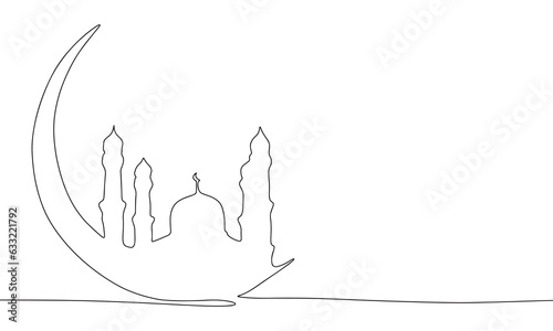 Mosque in moon one line continuous vector illustraiton. Line art concept Islam banner. Outline, silhouette vector illustration. 