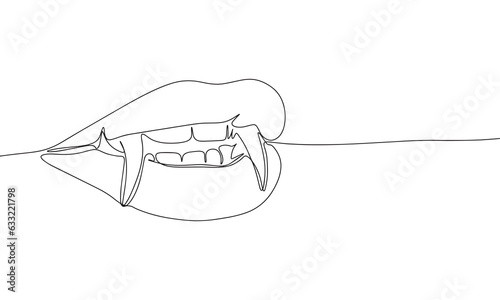 Vampire mouth one line continuous vector illustraiton. Line art concept Halloween banner. Outline, silhouette vector illustration. 