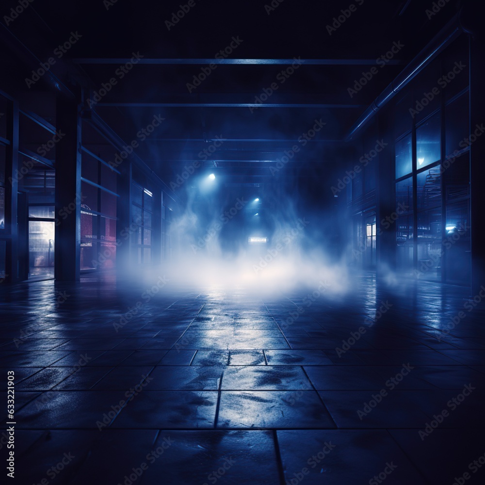 Moody dark industrial background with fog, smoke, blue lights. For product presentation.