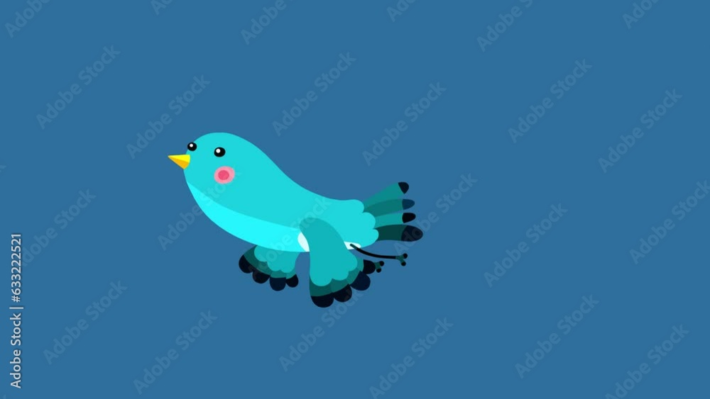 Nightingale bird blue cartoon animation character starts flight isolated. Blinking eyes seamless loop behaviour.