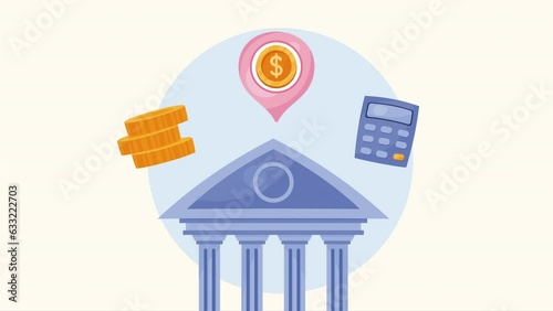 bank building with money symbols animation
