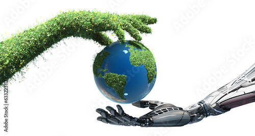 Green energy and artificial intelligence saving Planet Earth conceptual design, mechanical robot arm and hand of the nature covered with grass and flowers protecting a globe