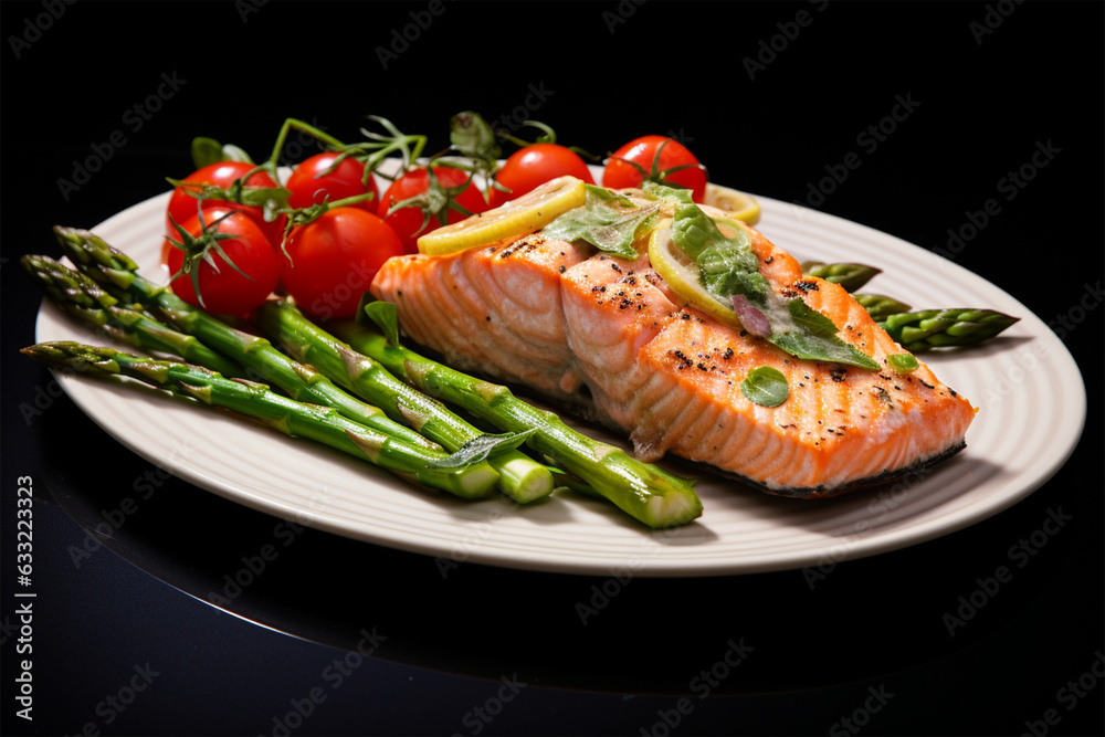 Grilled salmon, garnished with asparagus and tomatoes