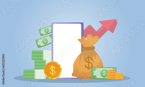 Financial investment.Bank deposit, profit finance Manage money through your mobile phone, applications.on blue background.Vector Design Illustration.
