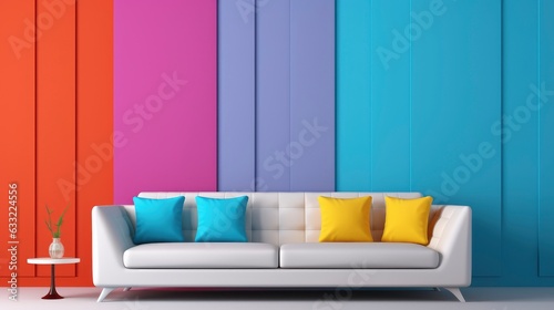 Minimalist clean sofa  with randon rgb pattern wall background  sofa interior design 