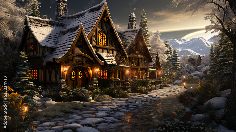 A cozy house for Christmas covered with snow in a winter fairy tale for the New Year. AI generated A cozy house for Christmas covered with snow in a winter fairy tale for the New Year. AI generated