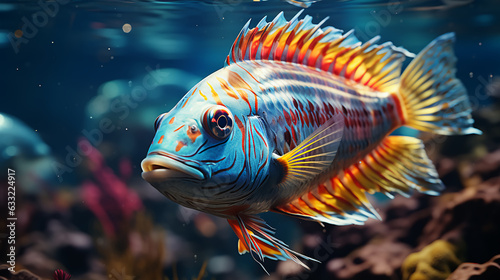 A beautiful multi-colored fish swims in the sea ocean underwater. AI generated